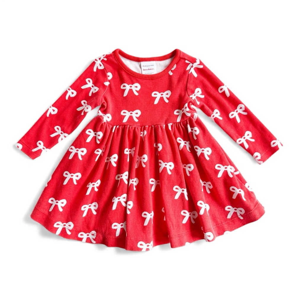Hanna Andersson Holiday Bow Dress Organic Cotton Baby 12-18M Red Long Sleeve
